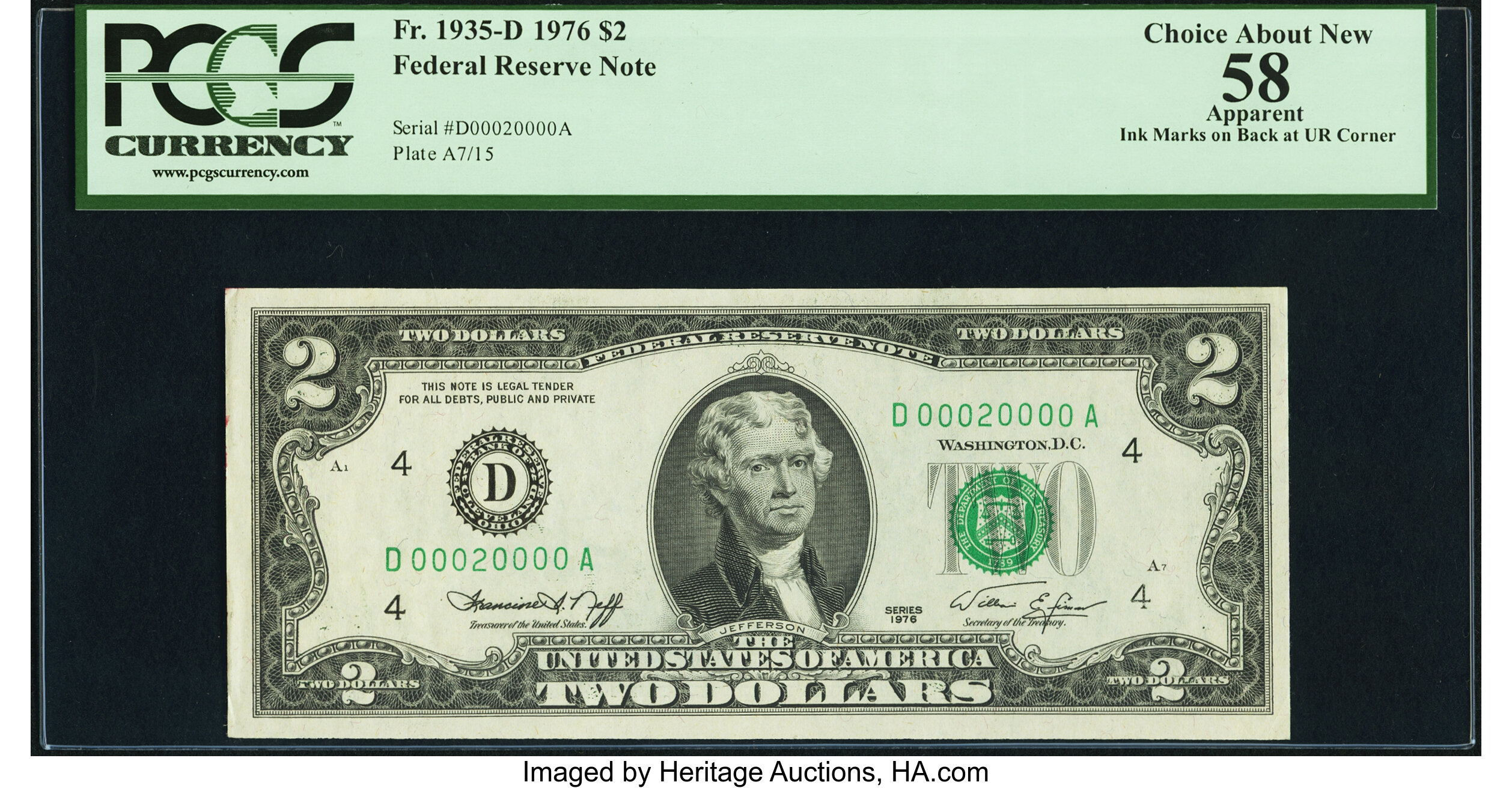 image for: Seven of a Kind Serial Number 00020000 Fr. 1935-D $2 1976 Federal Reserve Note. PCGS Apparent Choice About New 58....