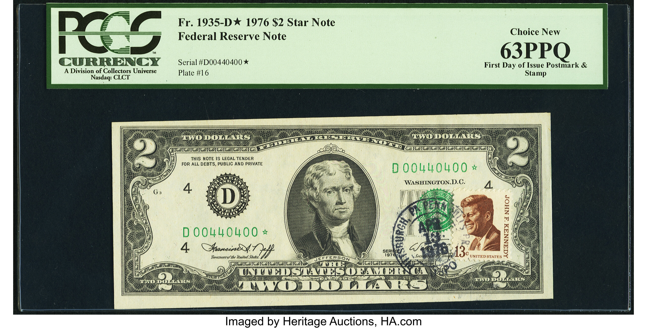 image for: First Day of Issue Postally Cancelled Fr. 1935-D* $2 1976 Federal Reserve Star Note. PCGS Choice New 63PPQ....