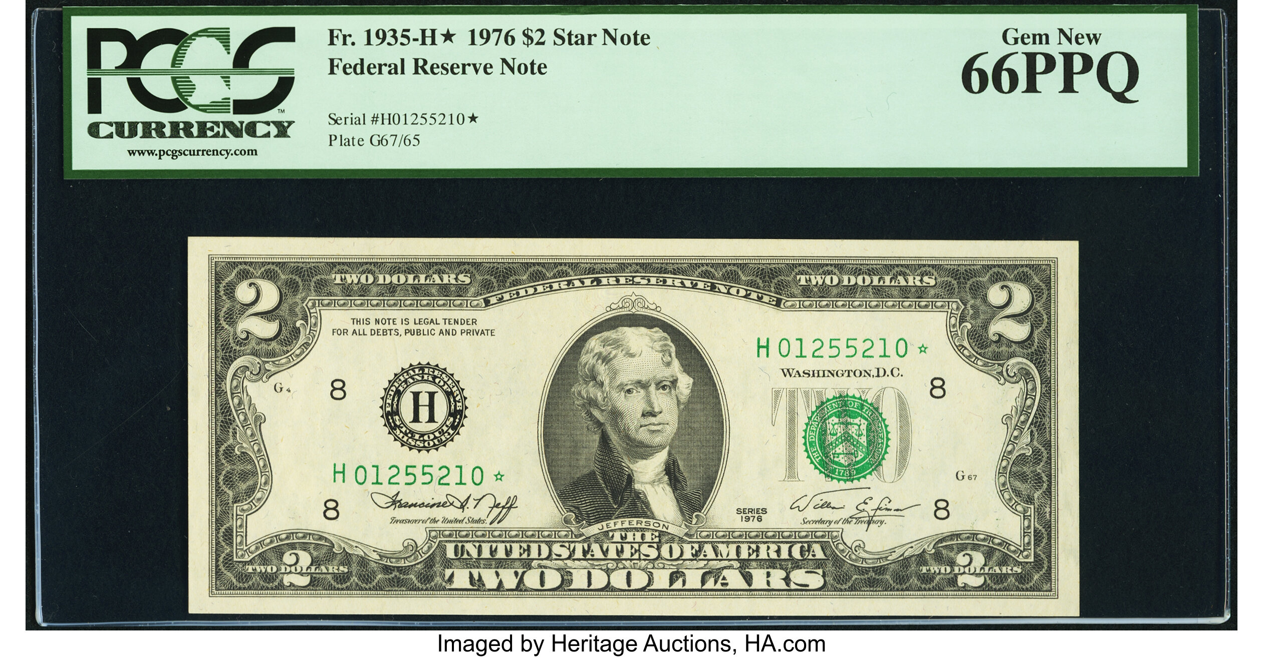 image for: Radar Serial Number 01255210 Fr. 1935-H* $2 1976 Federal Reserve Star Note. PCGS Gem New 66PPQ....