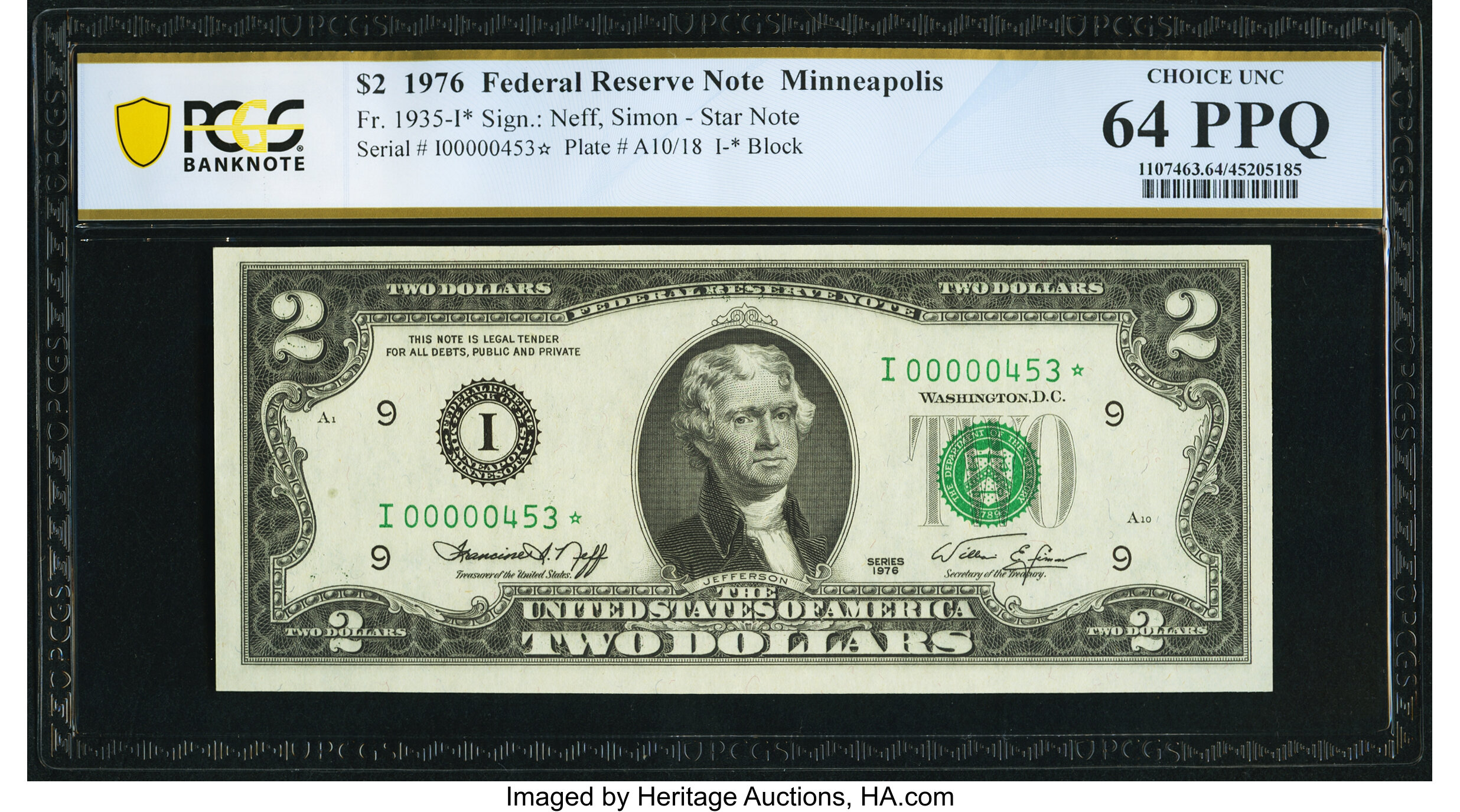 image for: Low Serial Number 453 Fr. 1935-I* $2 1976 Federal Reserve Star Note. PCGS Banknote Choice Unc 64 PPQ....
