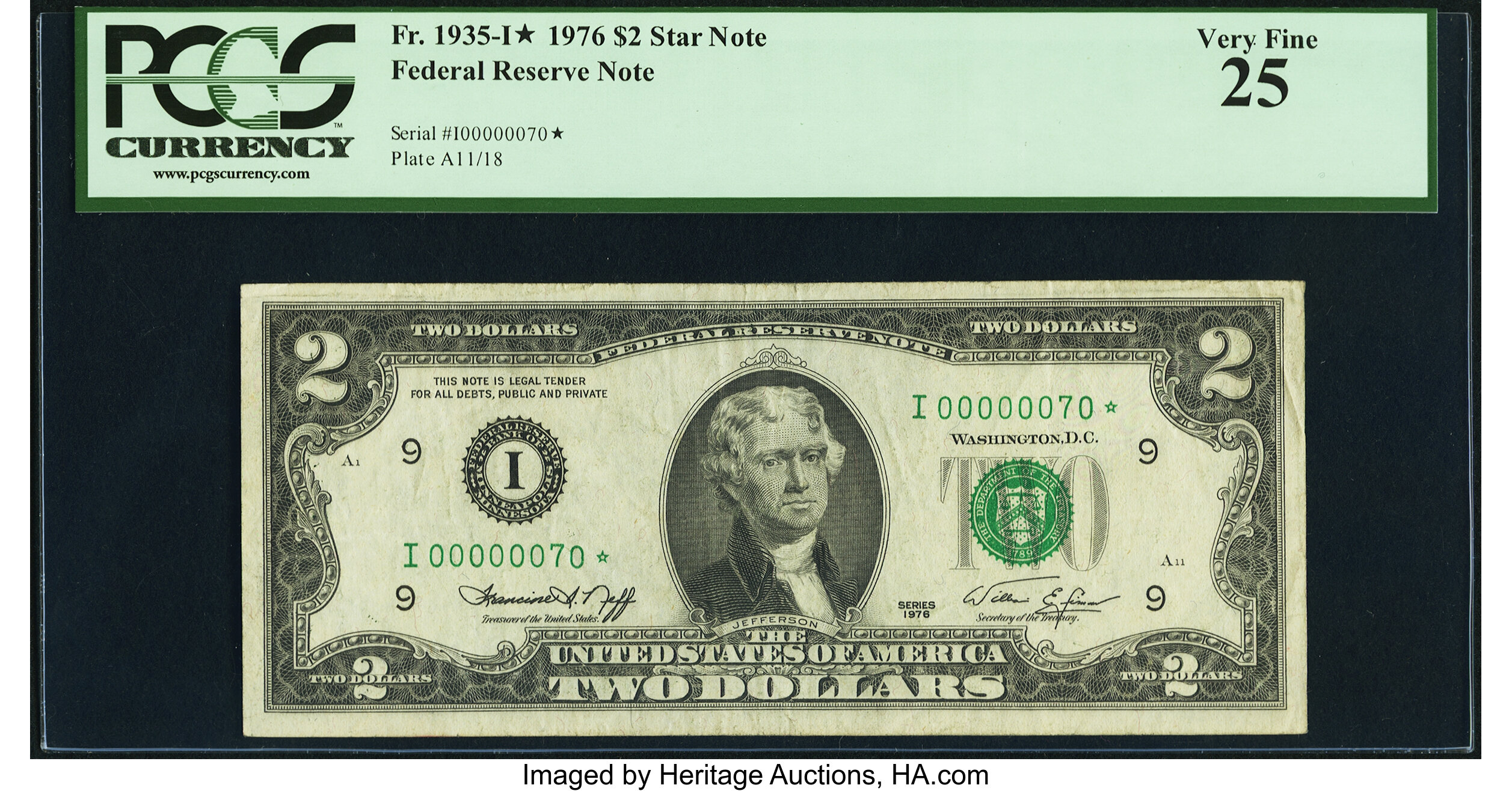 image for: Low Serial Number 70 Fr. 1935-I* $2 1976 Federal Reserve Star Note. PCGS Very Fine 25....
