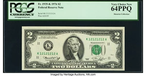 image for: Super Repeater Serial Number 12121212 Fr. 1935-K $2 1976 Federal Reserve Note. PCGS Very Choice New 64PPQ....