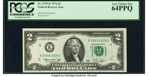 image for: Repeater Serial Number 08880888 Fr. 1935-K $2 1976 Federal Reserve Note. PCGS Very Choice New 64PPQ....