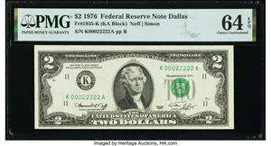 image for: Fancy Serial Number 00022222 Fr. 1935-K $2 1976 Federal Reserve Note. PMG Choice Uncirculated 64 EPQ....