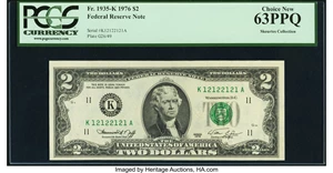 image for: Radar Serial Number 12122121 Fr. 1935-K $2 1976 Federal Reserve Note. PCGS Choice New 63PPQ....