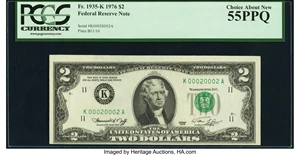 image for: Repeater Serial Number 00020002 Fr. 1935-K $2 1976 Federal Reserve Note. PCGS Choice About New 55PPQ....