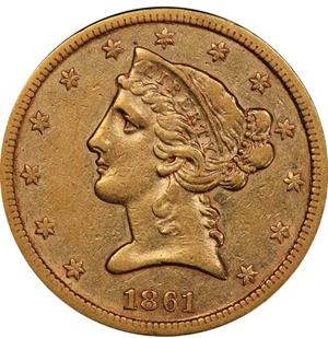image for: $5 1861-S PCGS XF45+ CAC