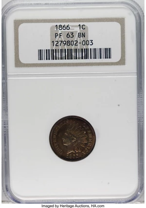 image for: 1866 1C PR63 Brown NGC. NGC Census: (4/22). PCGS Population (3/11). Mintage: 725. Numismedia Wsl. Price for NGC/PCGS coin i...