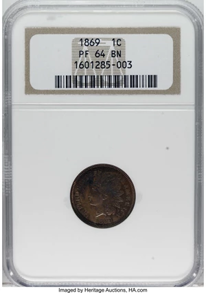 image for: 1869 1C PR64 Brown NGC. NGC Census: (14/16). PCGS Population (11/0). Mintage: 600. Numismedia Wsl. Price for NGC/PCGS coin ...