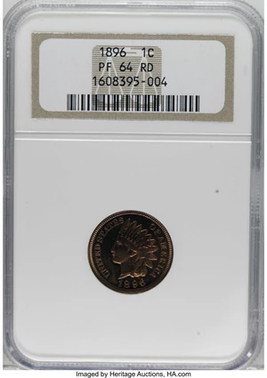 image for: 1896 1C PR64 Red NGC. NGC Census: (26/18). PCGS Population (23/11). Mintage: 1,862. Numismedia Wsl. Price for NGC/PCGS coin...