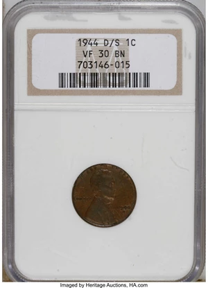 image for: 1944-D/S 1C VF30 NGC. NGC Census: (4/59). PCGS Population (7/66). Mintage: 430,577,984. Numismedia Wsl. Price for NGC/PCGS ...
