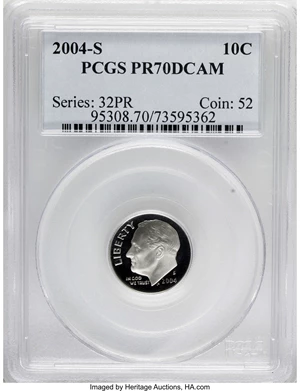 image for: 2004-S 10C Clad PR70 Deep Cameo PCGS. PCGS Population (42/0). NGC Census: (0/0). Numismedia Wsl. Price for NGC/PCGS coin i...