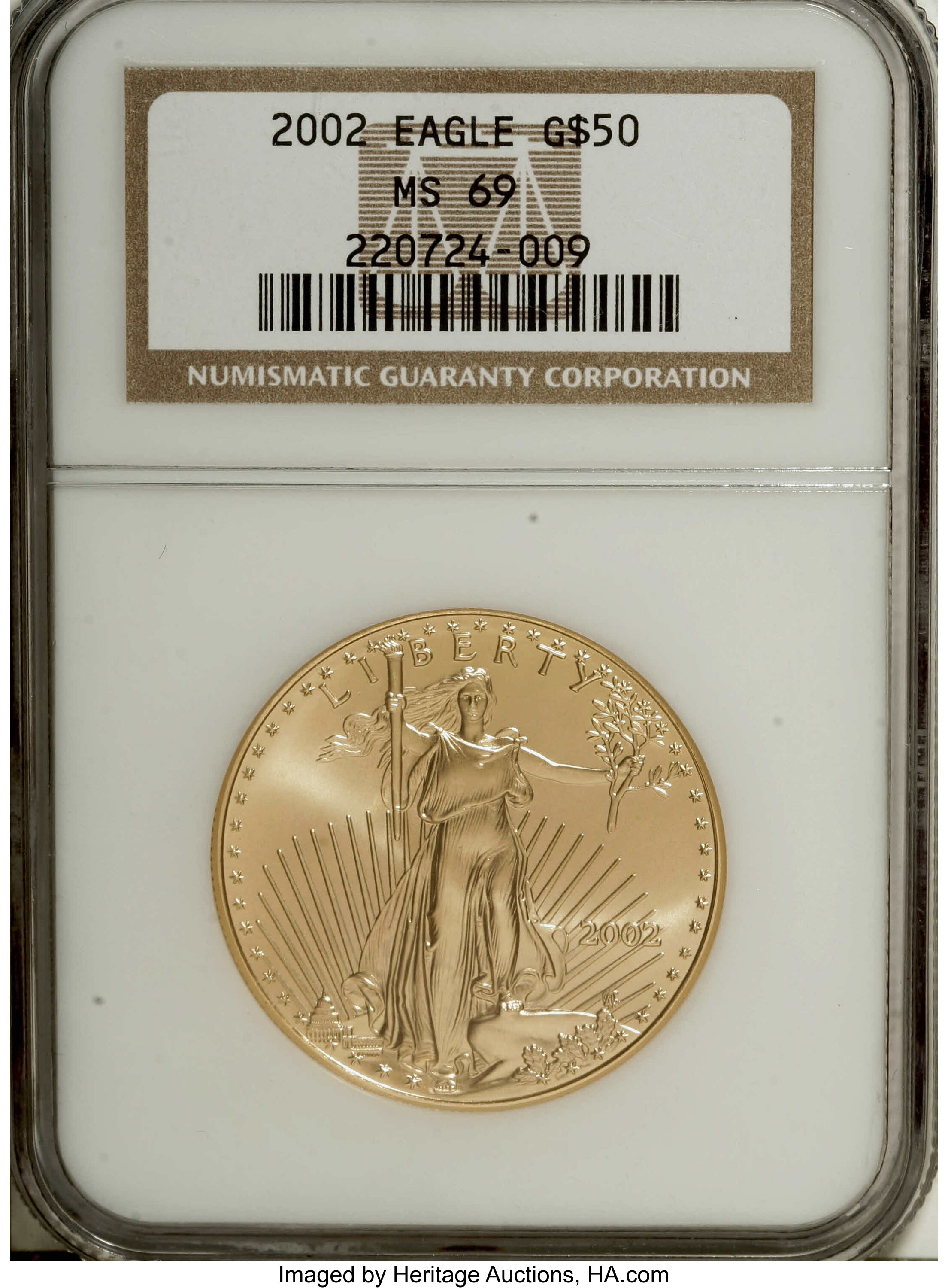 image for: 2002 G$50 One-Ounce Gold Eagle MS69 NGC. NGC Census: (0/0). PCGS Population (1713/16).  Numismedia Wsl. Price for NGC/PCGS ...