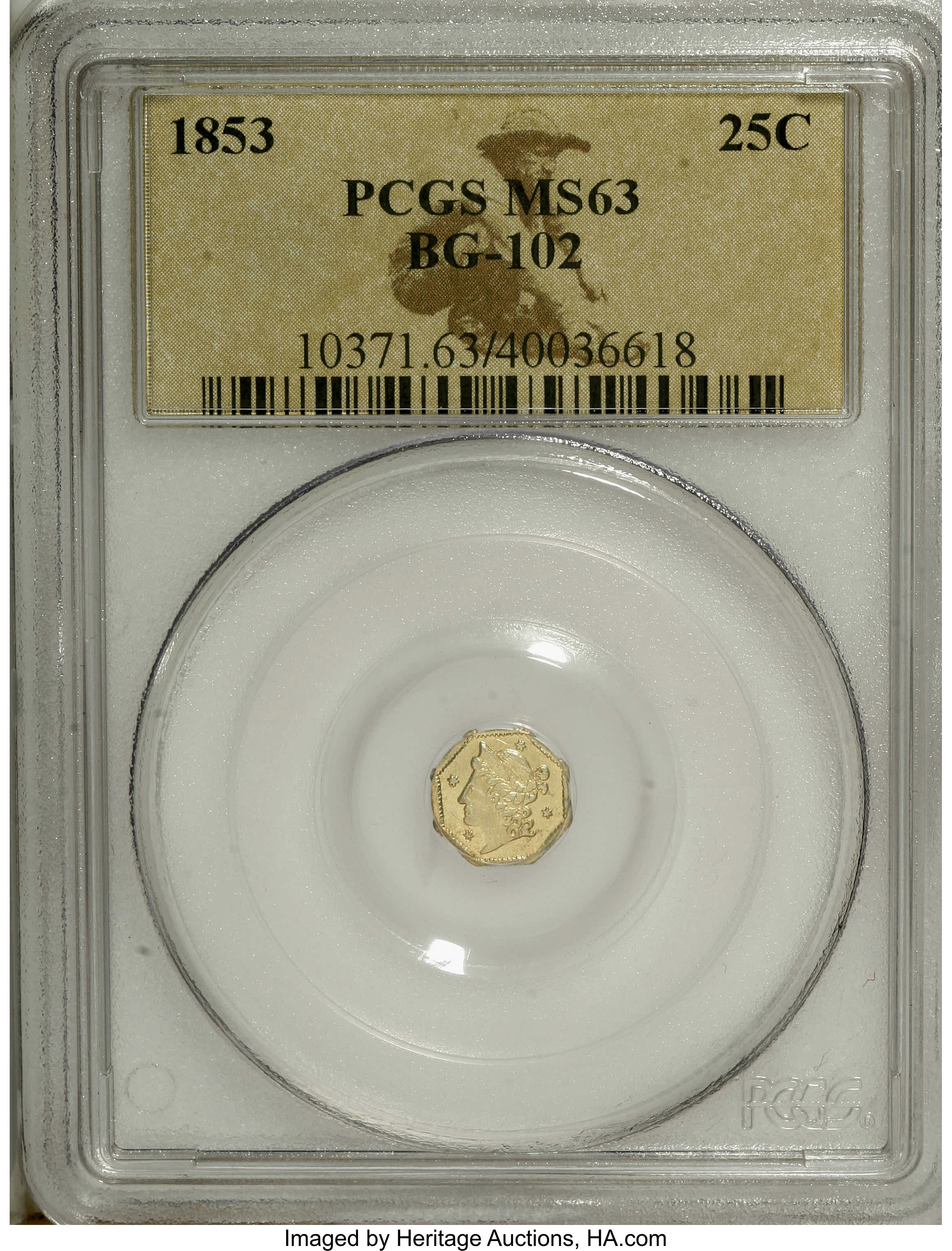 image for: 1853 25C Liberty Octagonal 25 Cents, BG-102, Low R.4, MS63 PCGS. PCGS Population (36/16). NGC Census: (2/2).   (#10371)...