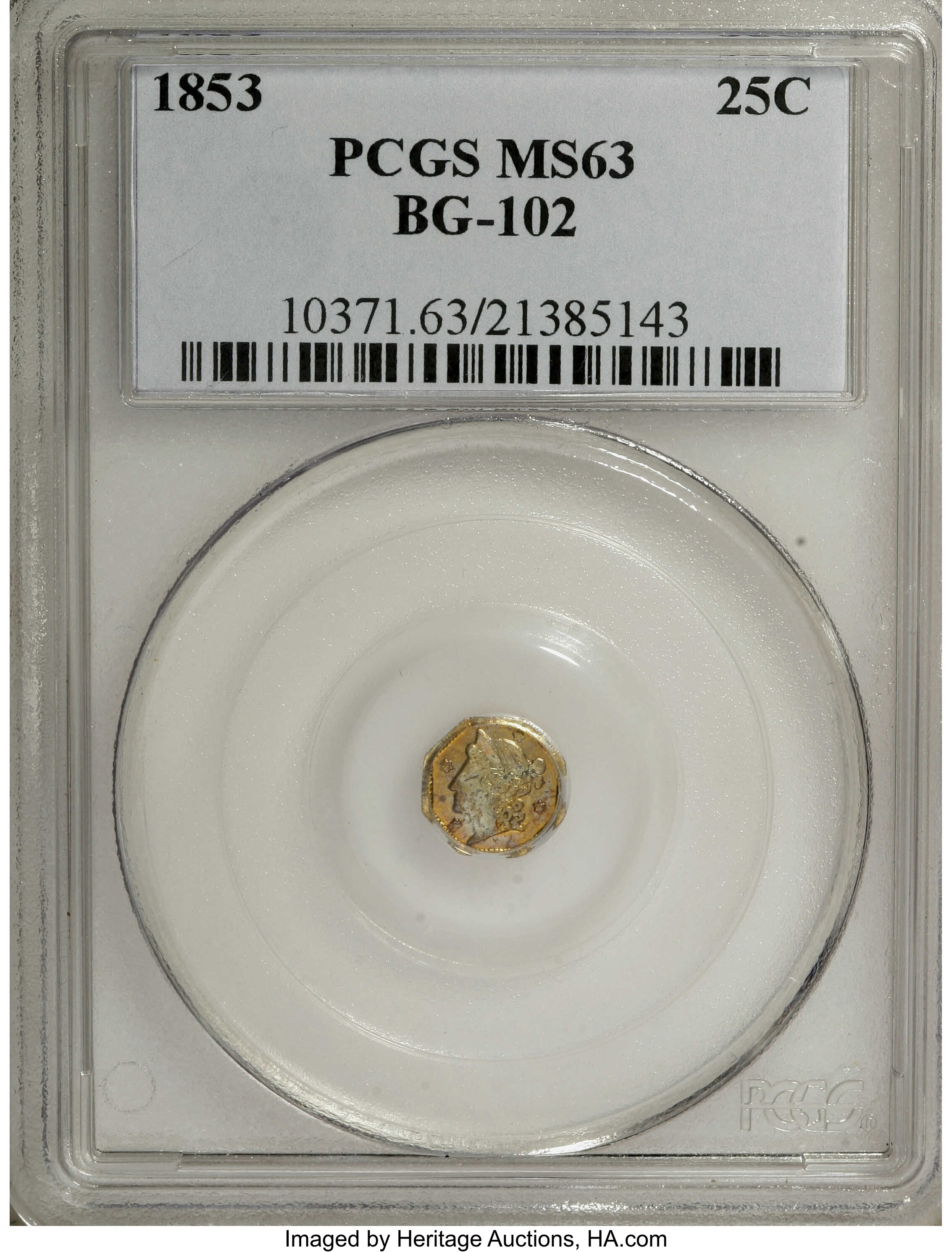 image for: 1853 25C Liberty Octagonal 25 Cents, BG-102, Low R.4, MS63 PCGS. PCGS Population (36/16). NGC Census: (4/4).   (#10371)...