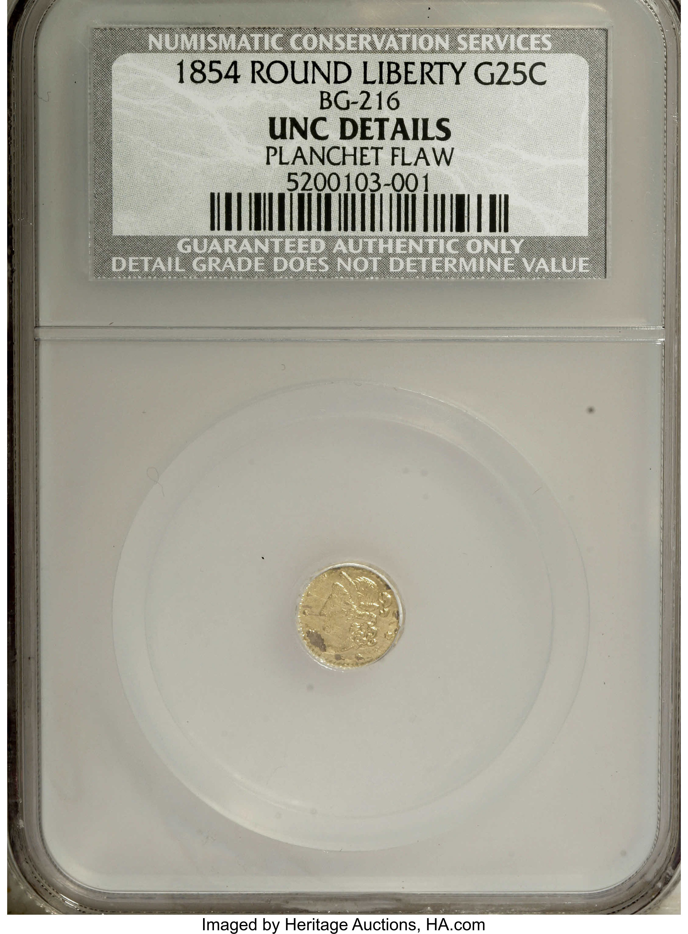 image for: 1854 25C Liberty Round 25 Cents, BG-216, R.6--Planchet Flaw--Unc Details NCS. NGC Census: (0/0). PCGS Population (0/17).   ...