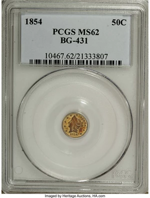 image for: 1854 50C Liberty Round 50 Cents, BG-431, Low R.5, MS62 PCGS. PCGS Population (12/16). NGC Census: (2/0). (#10467)...