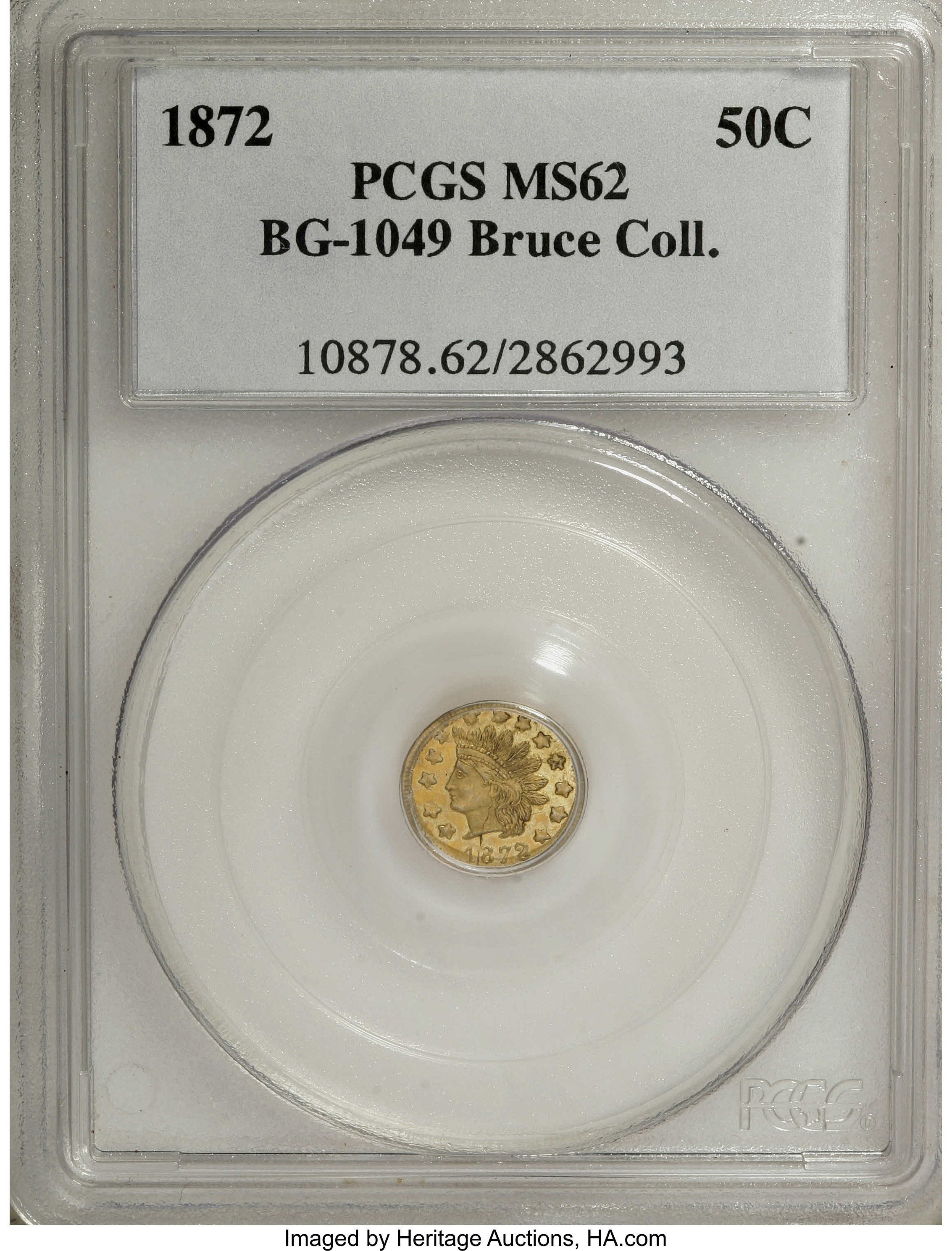 image for: 1872 50C Indian Round 50 Cents, BG-1049, R.4, MS62 PCGS. Ex: Bruce Collection. PCGS Population (14/52). NGC Census: (0/4). ...