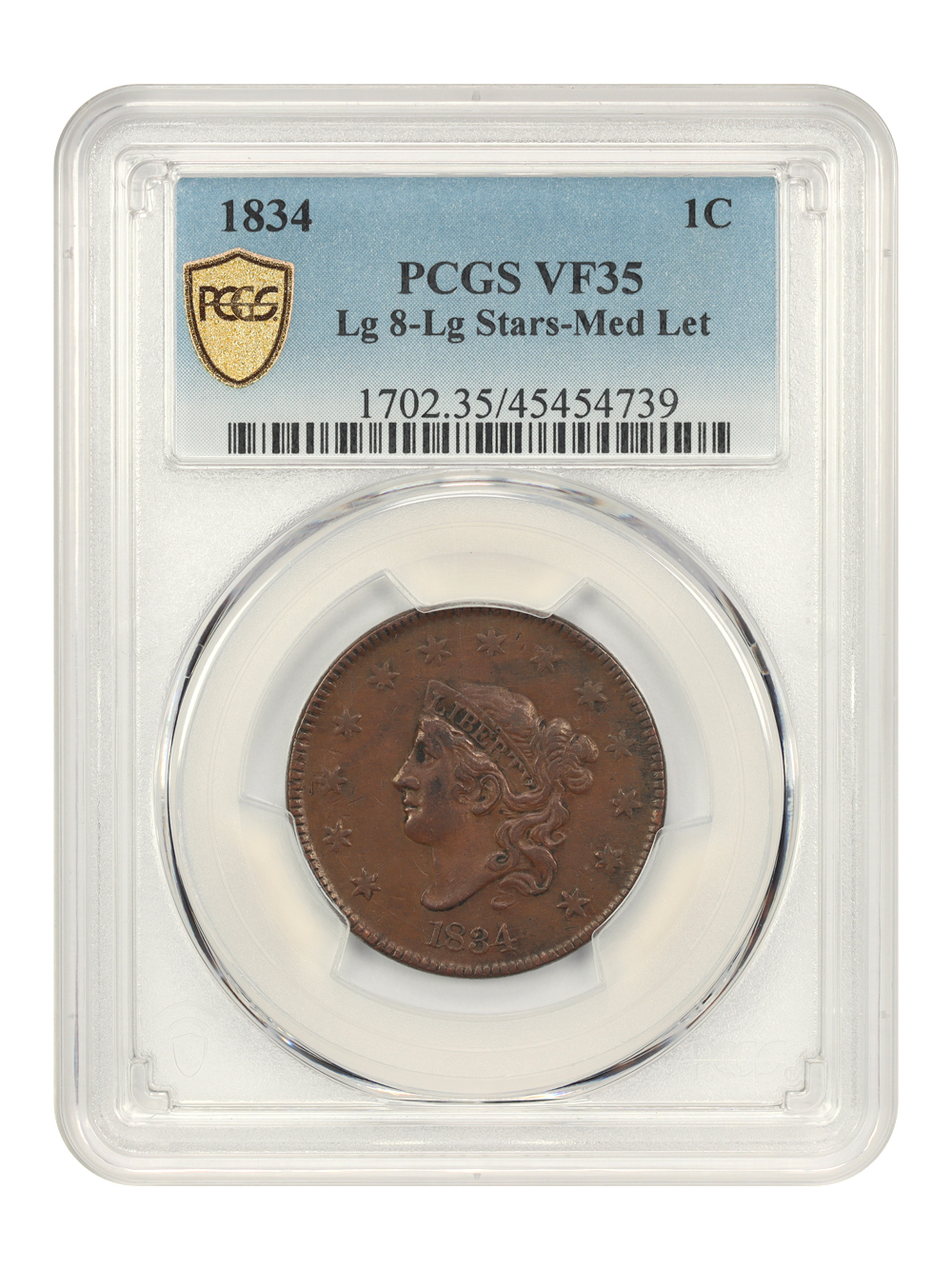 image for: 1834 1c PCGS VF35 (Large 8  Large Stars  Medium Letters)