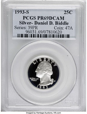 image for: 1993-S 25C Silver PR69 Deep Cameo PCGS. PCGS Population (1582/25). NGC Census: (572/41). Numismedia Wsl. Price for NGC/PCG...