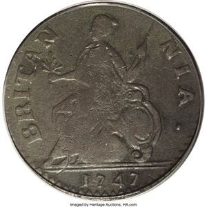 image for: '1747' 1/2P Machin's Mills Halfpenny VF20 PCGS. Vlack 1-47A, R.5. From later dies with clashmarks near the S in GEORGIVS. T...