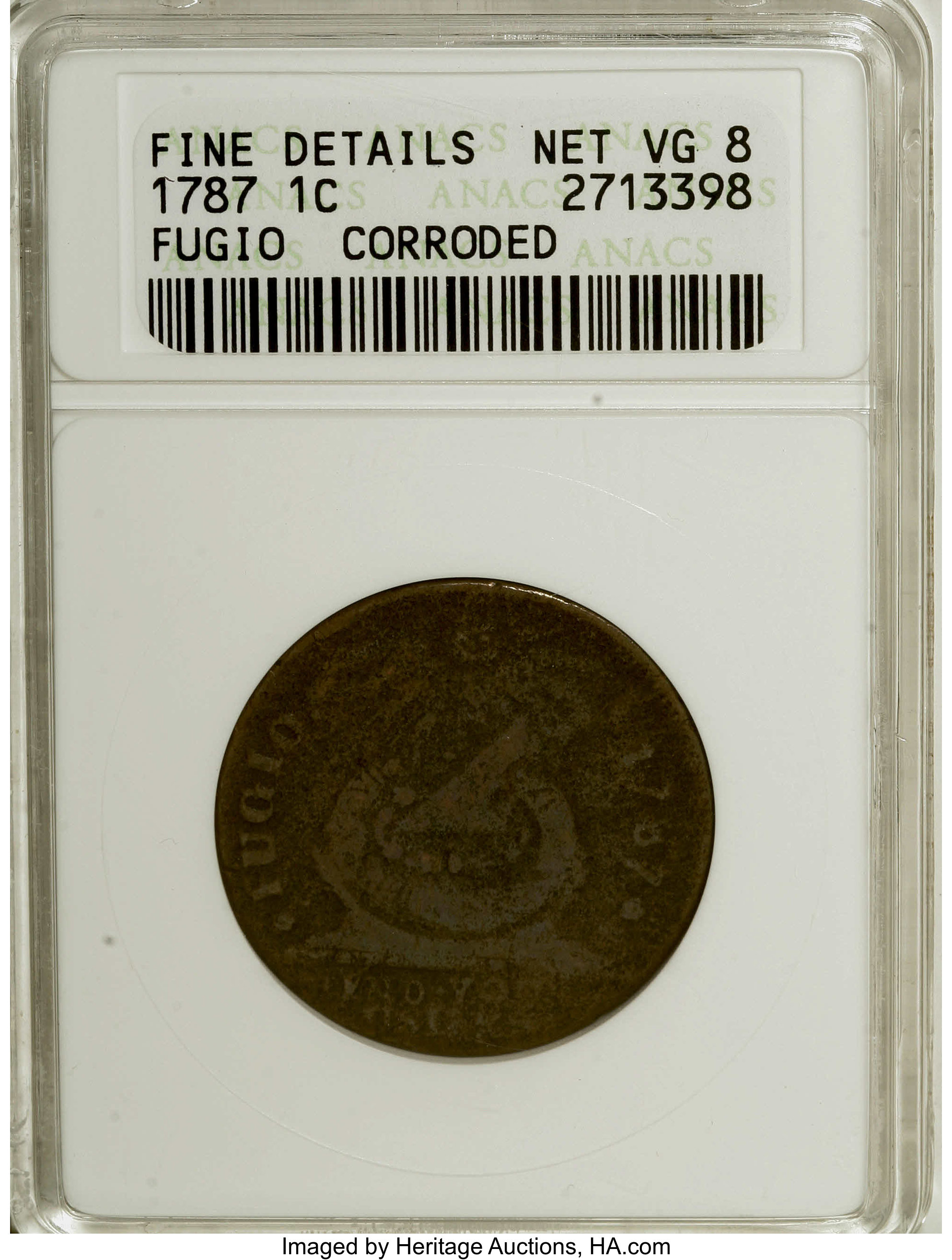 image for: 1787 1C New Haven Brass--Corroded--ANACS. Fine Details, Net VG8. NGC Census: (0/0). PCGS Population (0/3).   (#919)...