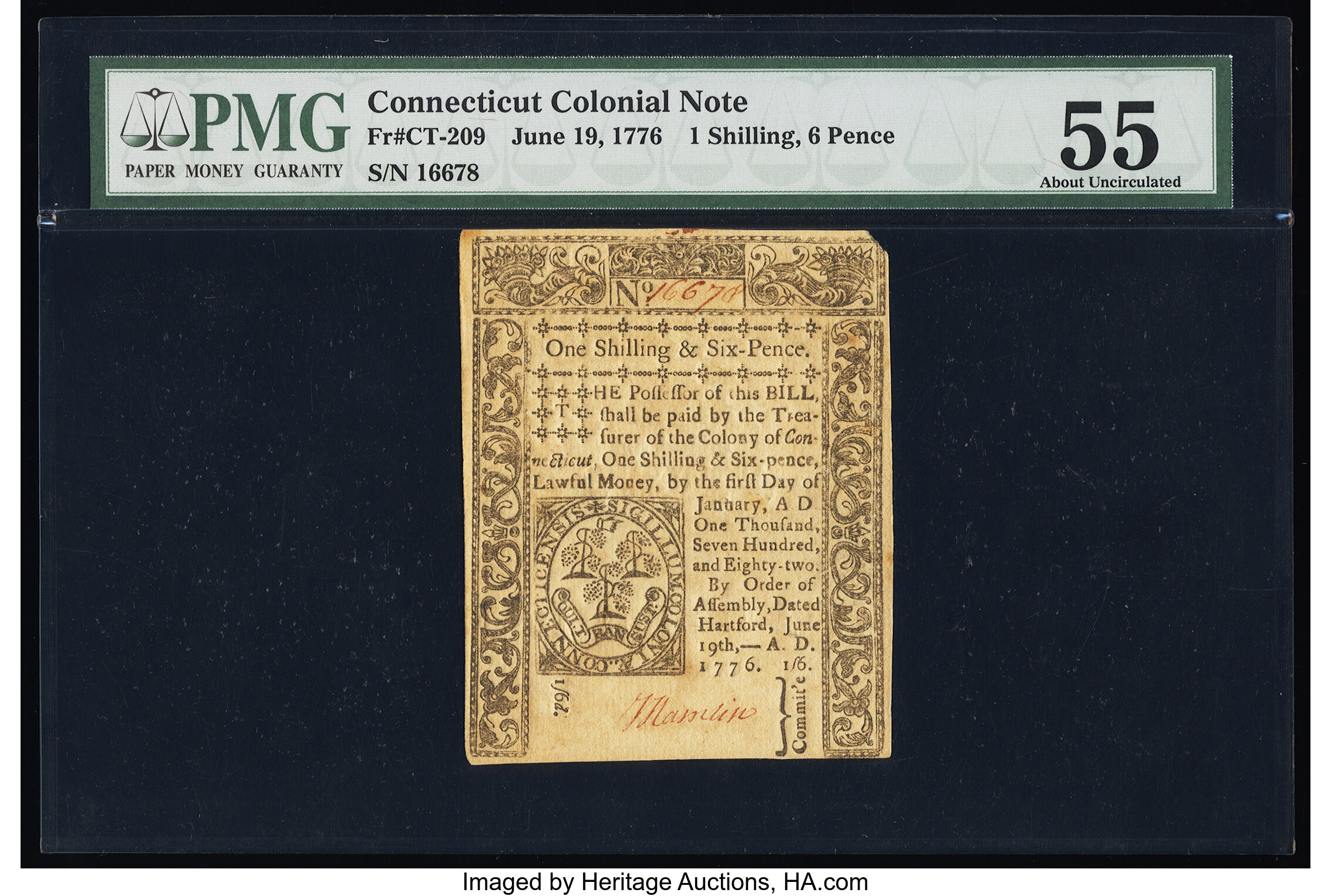 image for: Connecticut June 19, 1776 1s 6d PMG About Uncirculated 55....