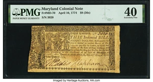 image for: Maryland April 10, 1774 $8 PMG Extremely Fine 40....