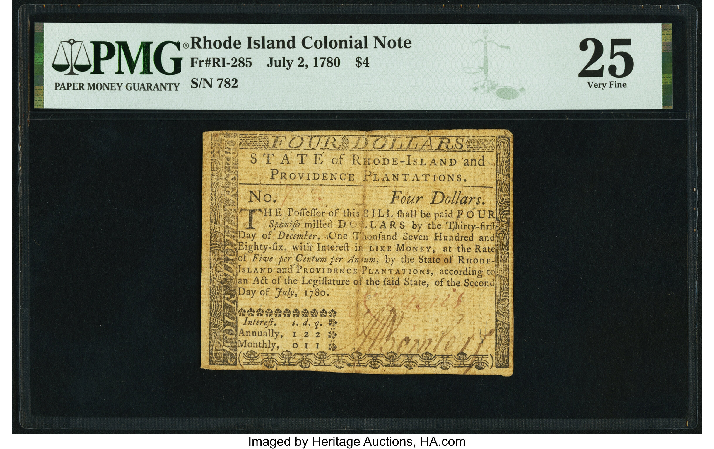 image for: Rhode Island July 2, 1780 $4 PMG Very Fine 25....