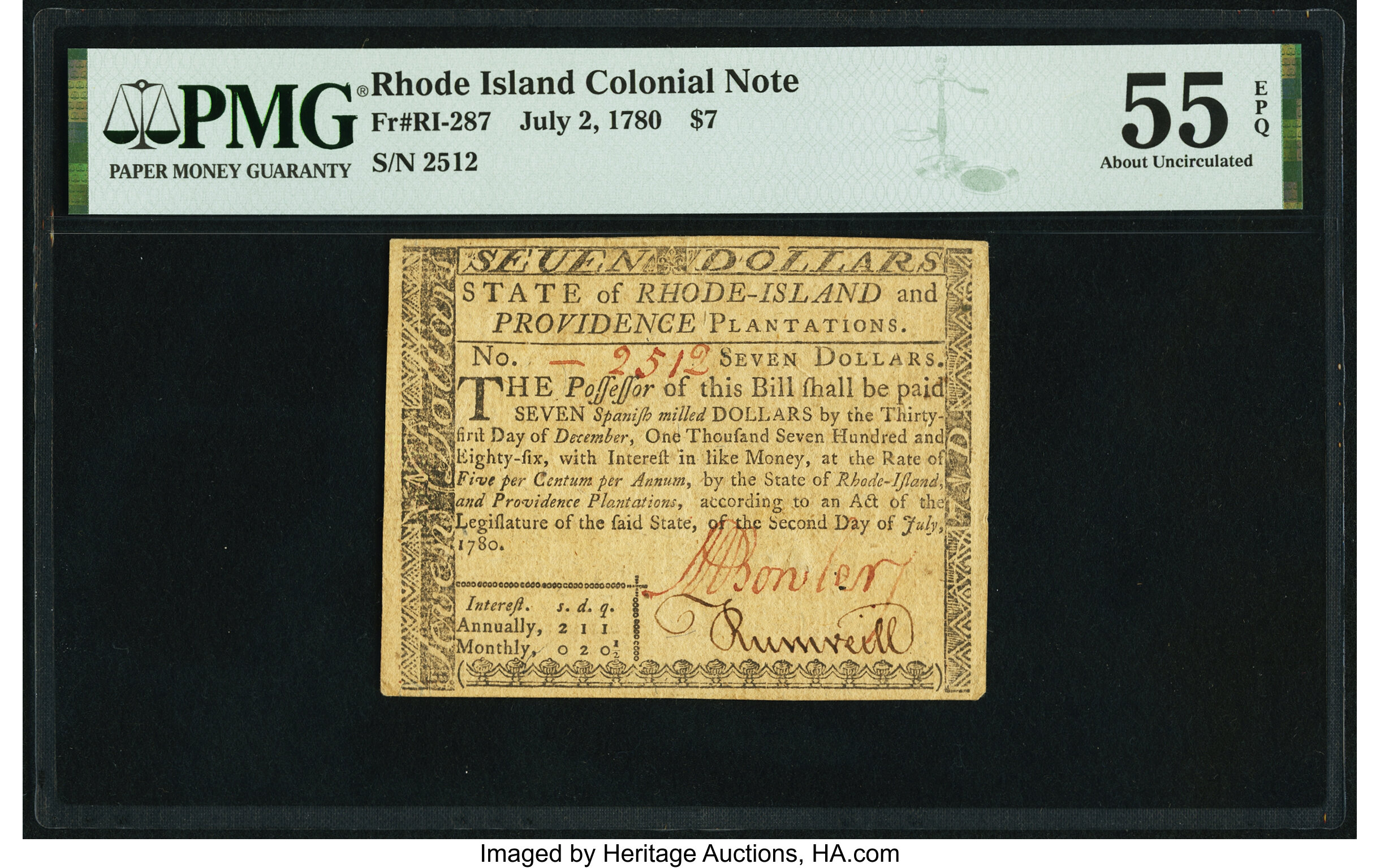 image for: Fully Signed Rhode Island July 2, 1780 $7 PMG About Uncirculated 55 EPQ....