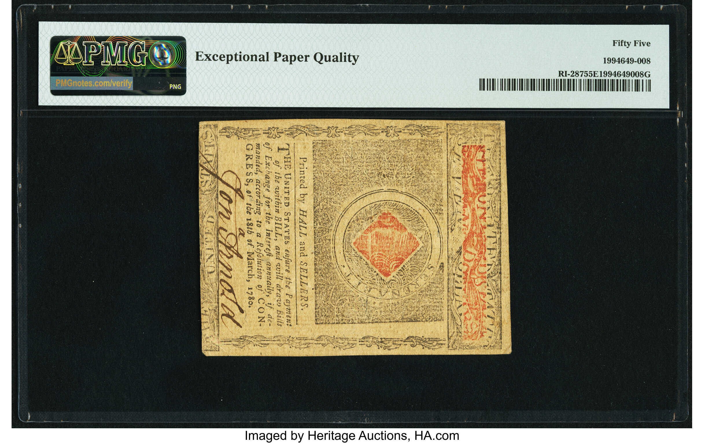 image for: Fully Signed Rhode Island July 2, 1780 $7 PMG About Uncirculated 55 EPQ....