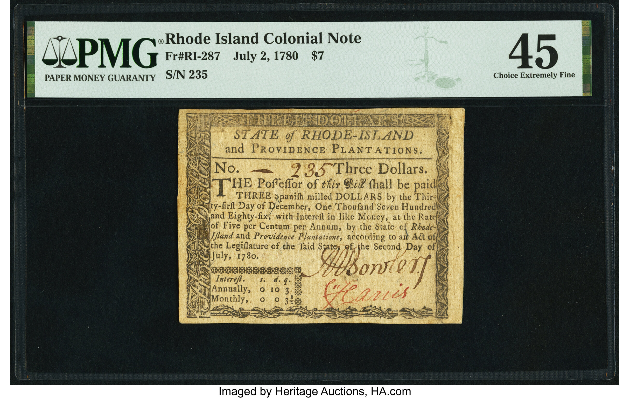 image for: Rhode Island July 2, 1780 $7 PMG Choice Extremely Fine 45....