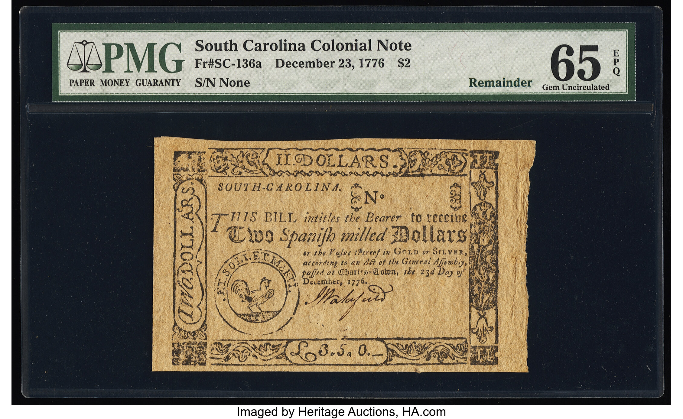 image for: South Carolina December 23, 1776 $2 Remainder PMG Gem Uncirculated 65 EPQ....