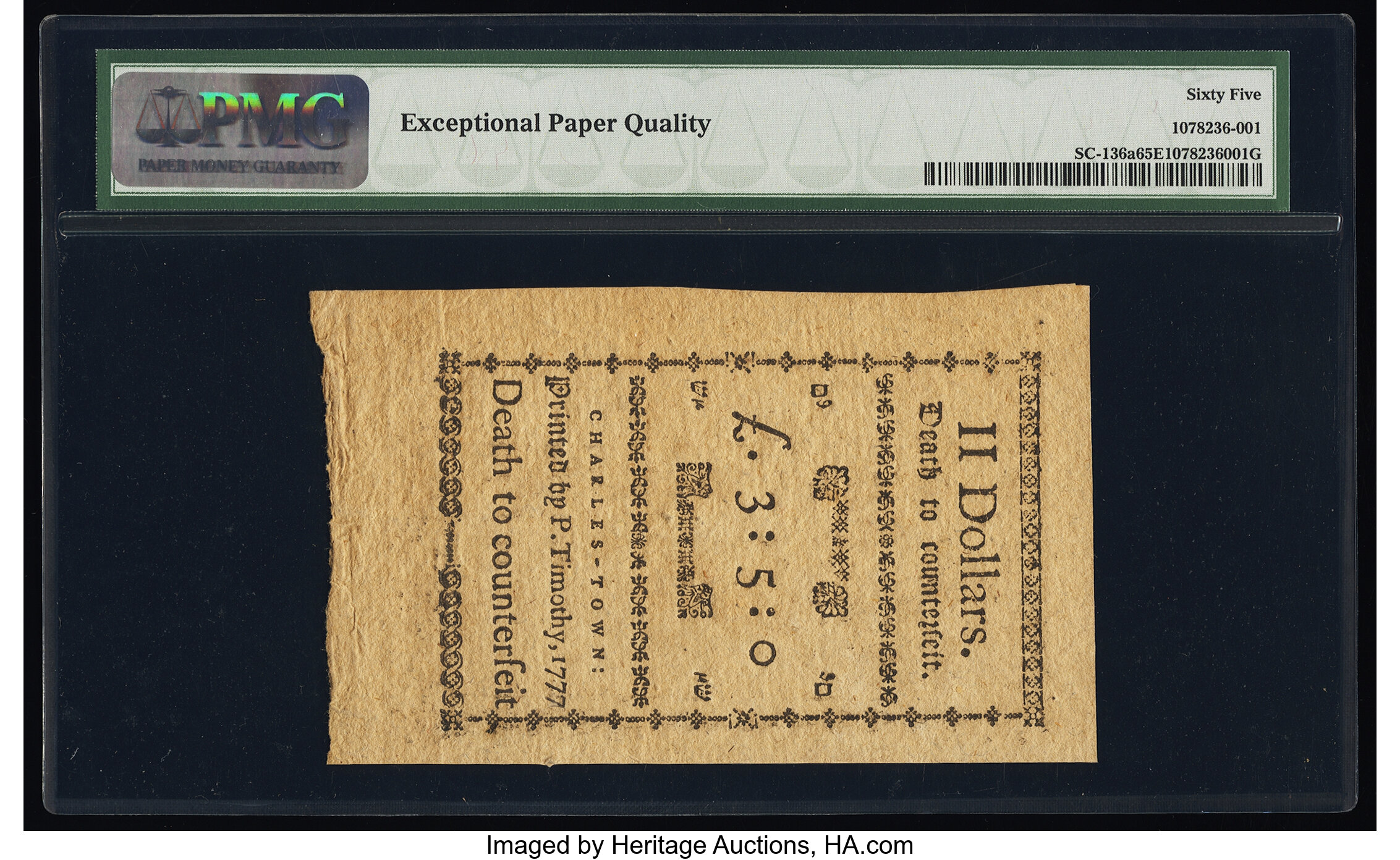 image for: South Carolina December 23, 1776 $2 Remainder PMG Gem Uncirculated 65 EPQ....