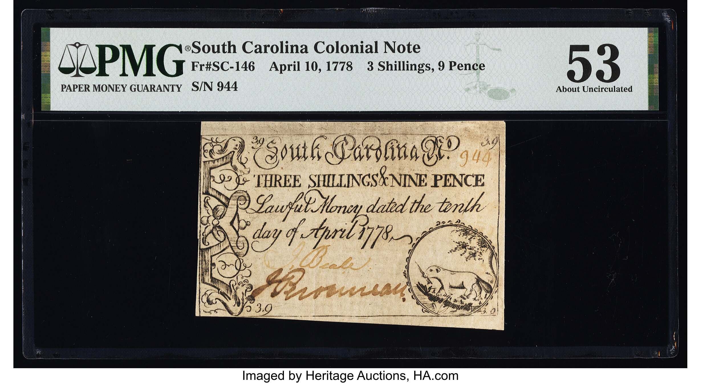 image for: South Carolina April 10, 1778 3s 9d PMG About Uncirculated 53....