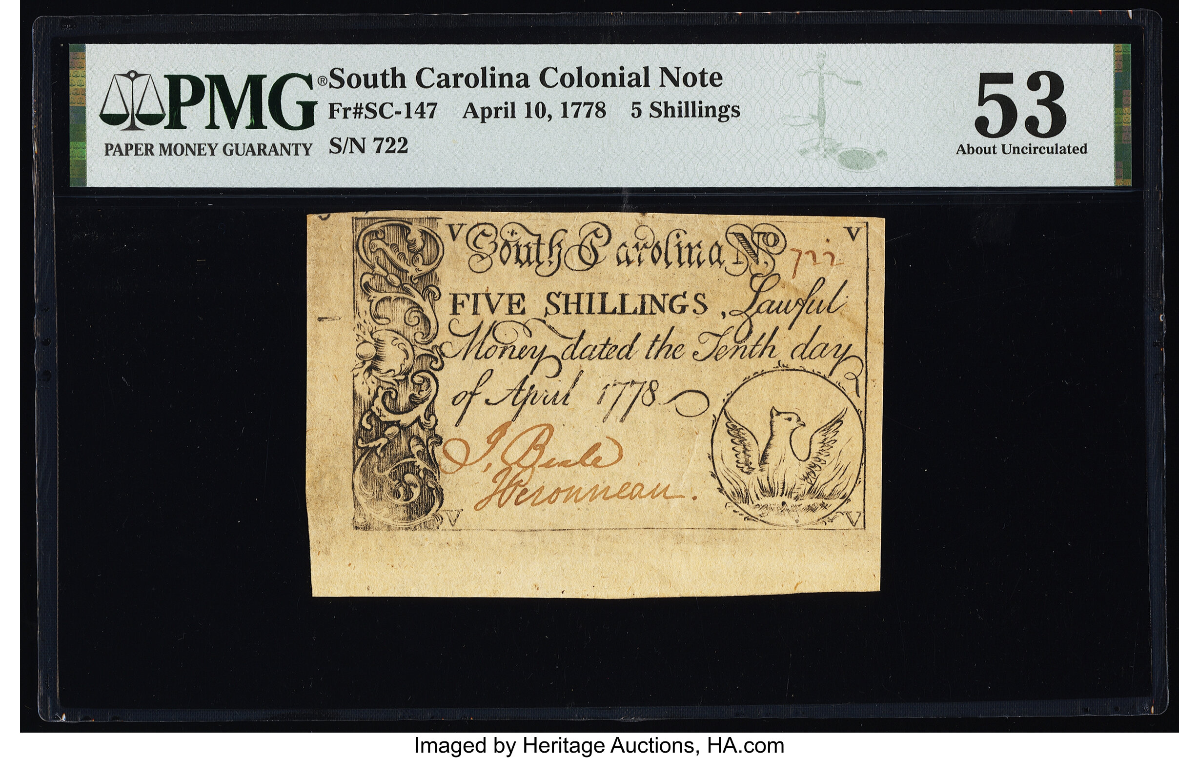 image for: South Carolina April 10, 1778 5s PMG About Uncirculated 53....