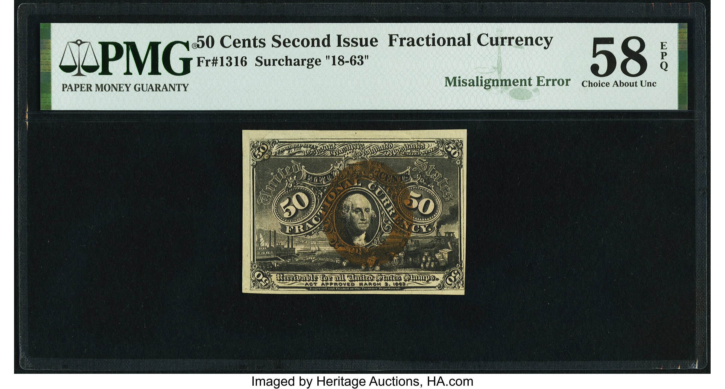 image for: Overprint Misaligned on Back Error Fr. 1316 50¢ Second Issue PMG Choice About Unc 58 EPQ....