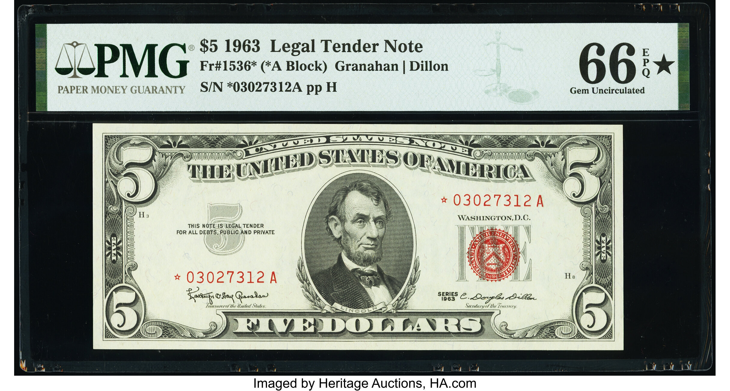 image for: Fr. 1536* $5 1963 Legal Tender Star Note. PMG Gem Uncirculated 66 EPQ*....