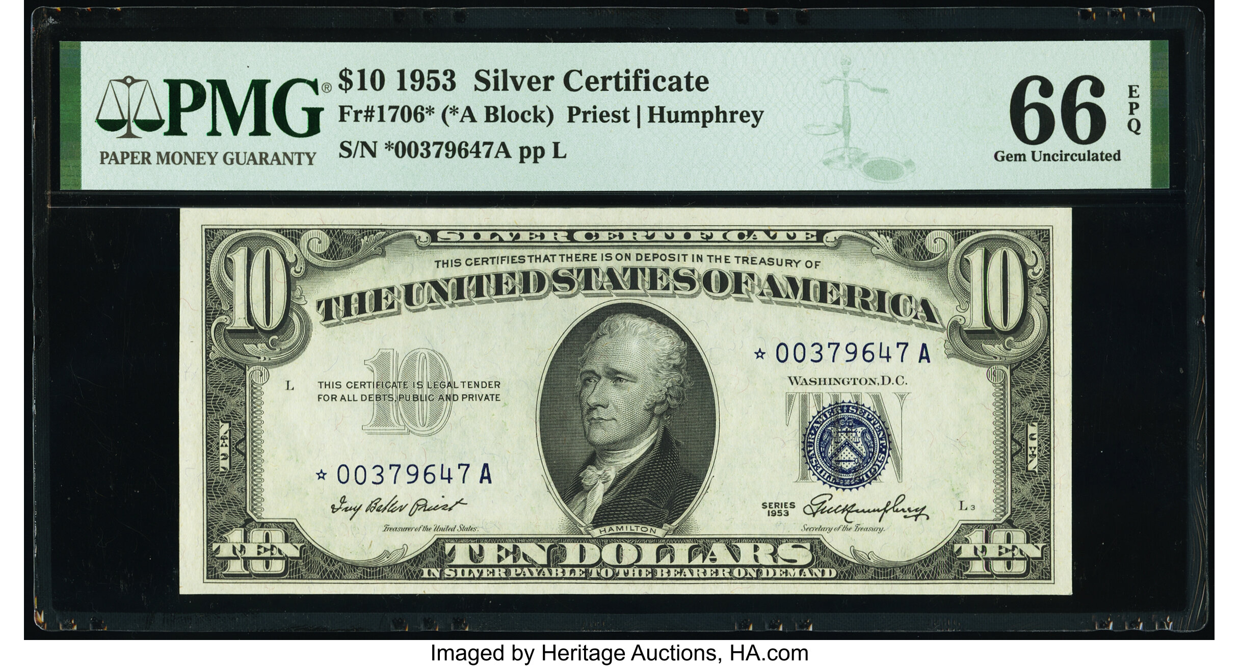 image for: Fr. 1706* $10 1953 Silver Certificate Star. PMG Gem Uncirculated 66 EPQ....