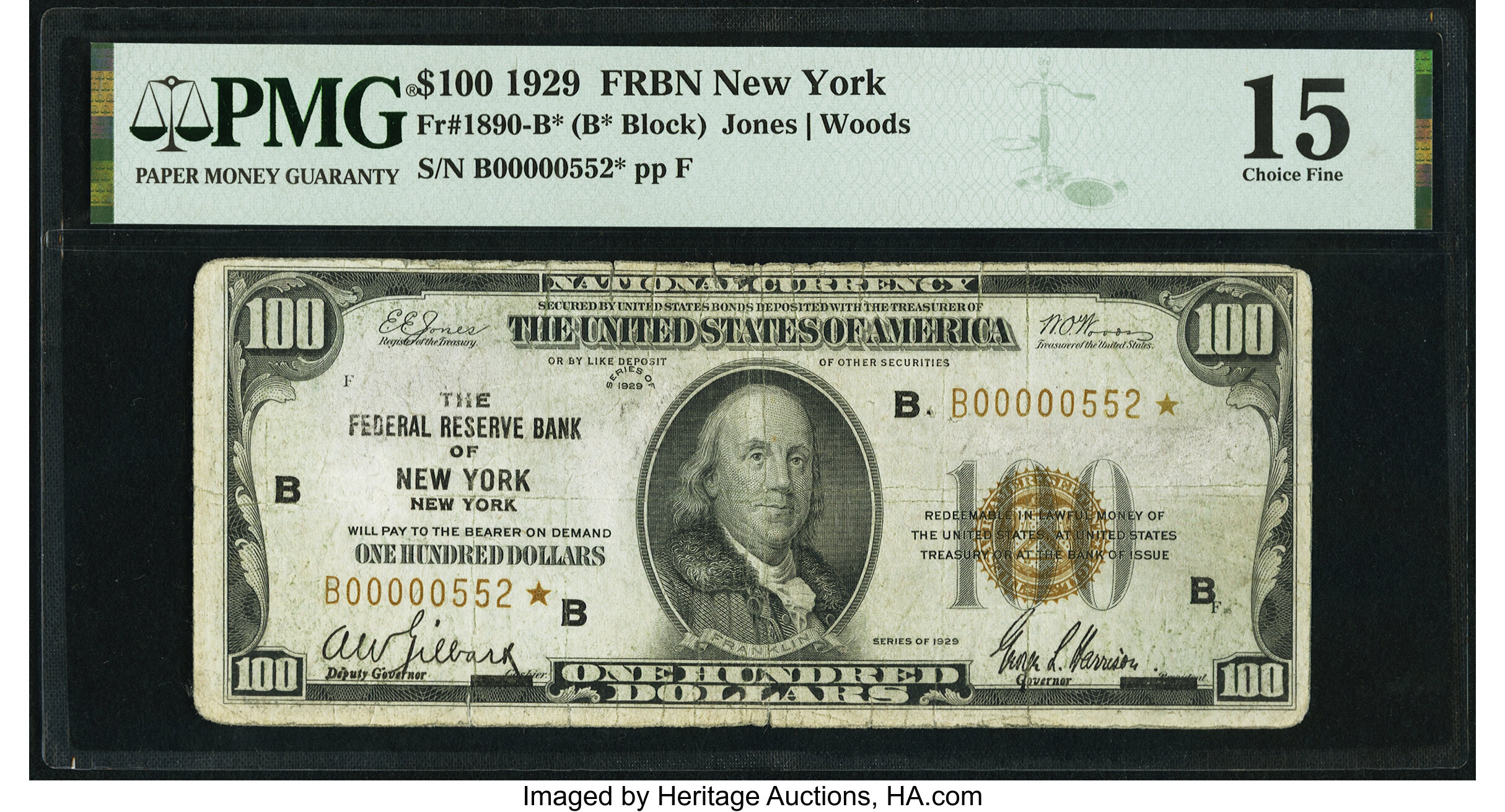 image for: Low Serial Number 552 Fr. 1890-B* $100 1929 Federal Reserve Bank Star Note. PMG Choice Fine 15....