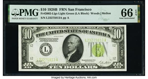 image for: Fr. 2002-L $10 1928B Light Green Seal Federal Reserve Note. PMG Gem Uncirculated 66 EPQ....