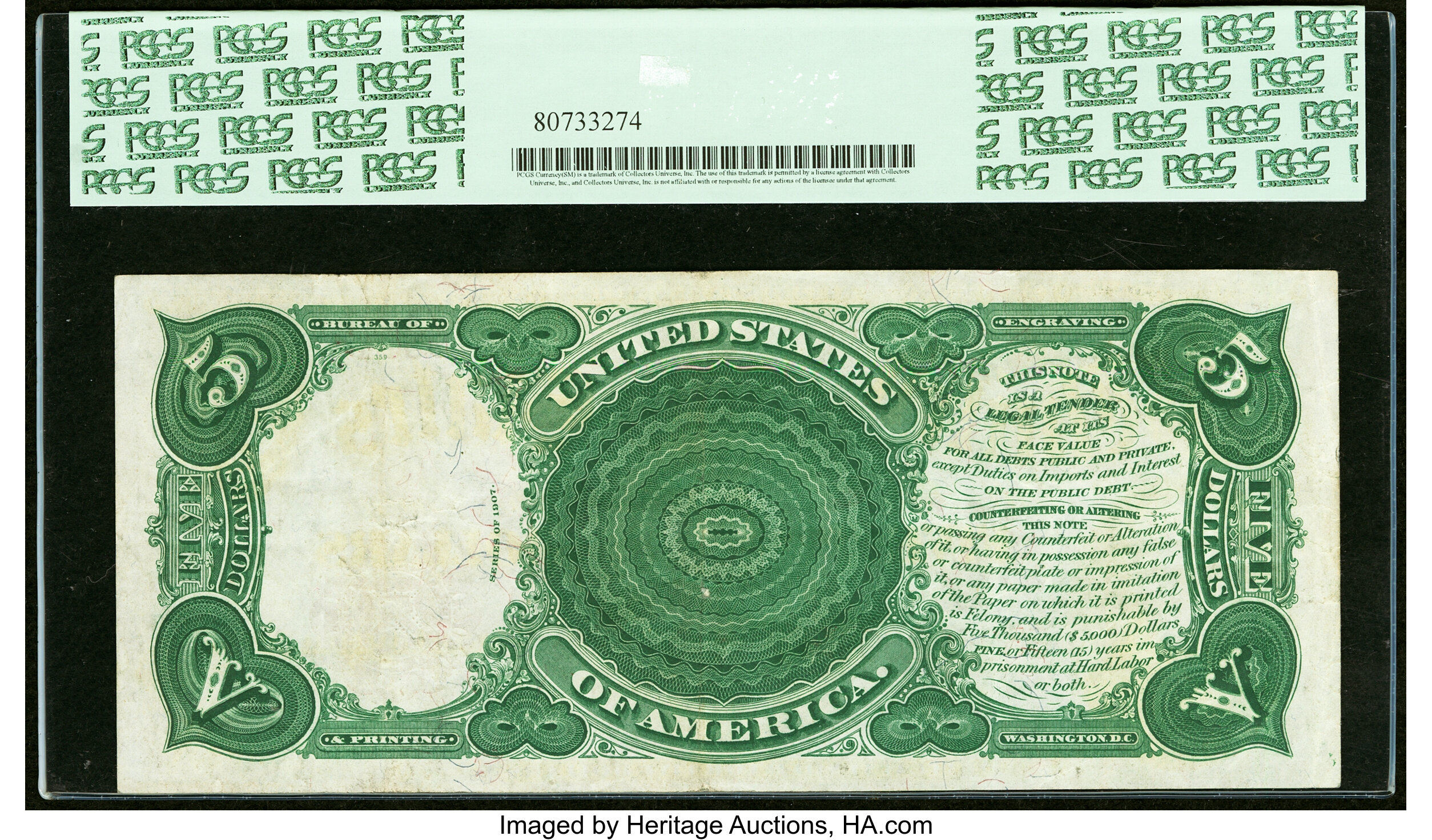 image for: Fr. 87 $5 1907 Legal Tender PCGS Very Fine 35PPQ....
