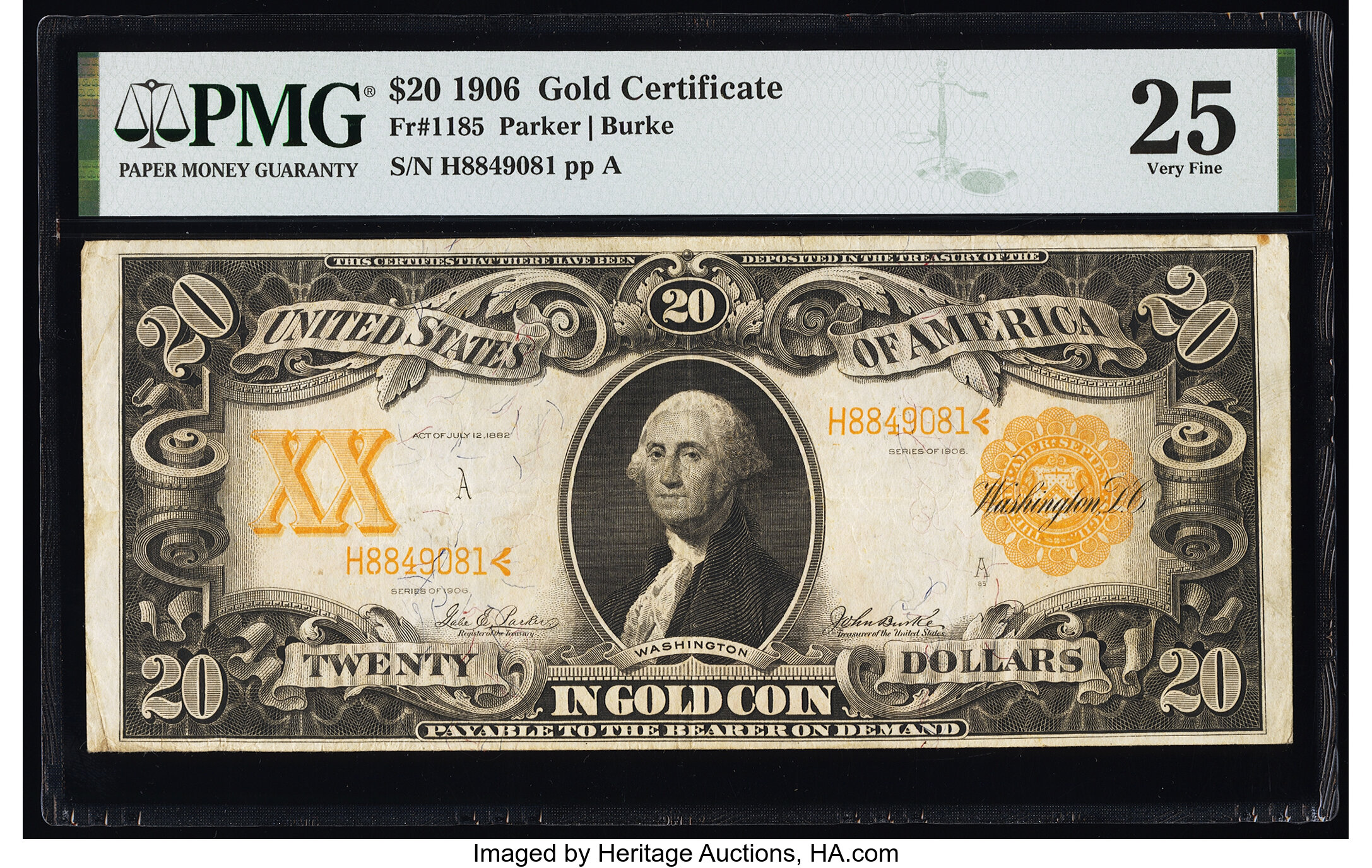 image for: Fr. 1185 $20 1906 Gold Certificate PMG Very Fine 25....