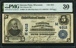 image for: Stevens Point, WI - $5 1902 Plain Back Fr. 604 The Citizens National Bank Ch. # (M)4912 PMG Very Fine 30....