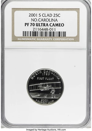 image for: 2001-S 25C North Carolina Clad PR70 Deep Cameo NGC. NGC Census: (0/0). PCGS Population (60/0). Numismedia Wsl. Price for N...