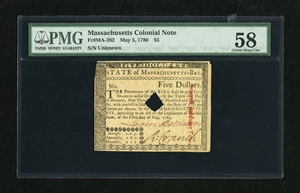 image for: Massachusetts May 5, 1780 $5 PMG Choice About Unc 58.