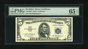 image for: Fr. 1656* $5 1953A Silver Certificate Star. PMG Gem Uncirculated 65 EPQ....