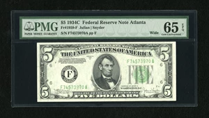 image for: Fr. 1959-F $5 1934C Federal Reserve Note. PCGS Gem Uncirculated....