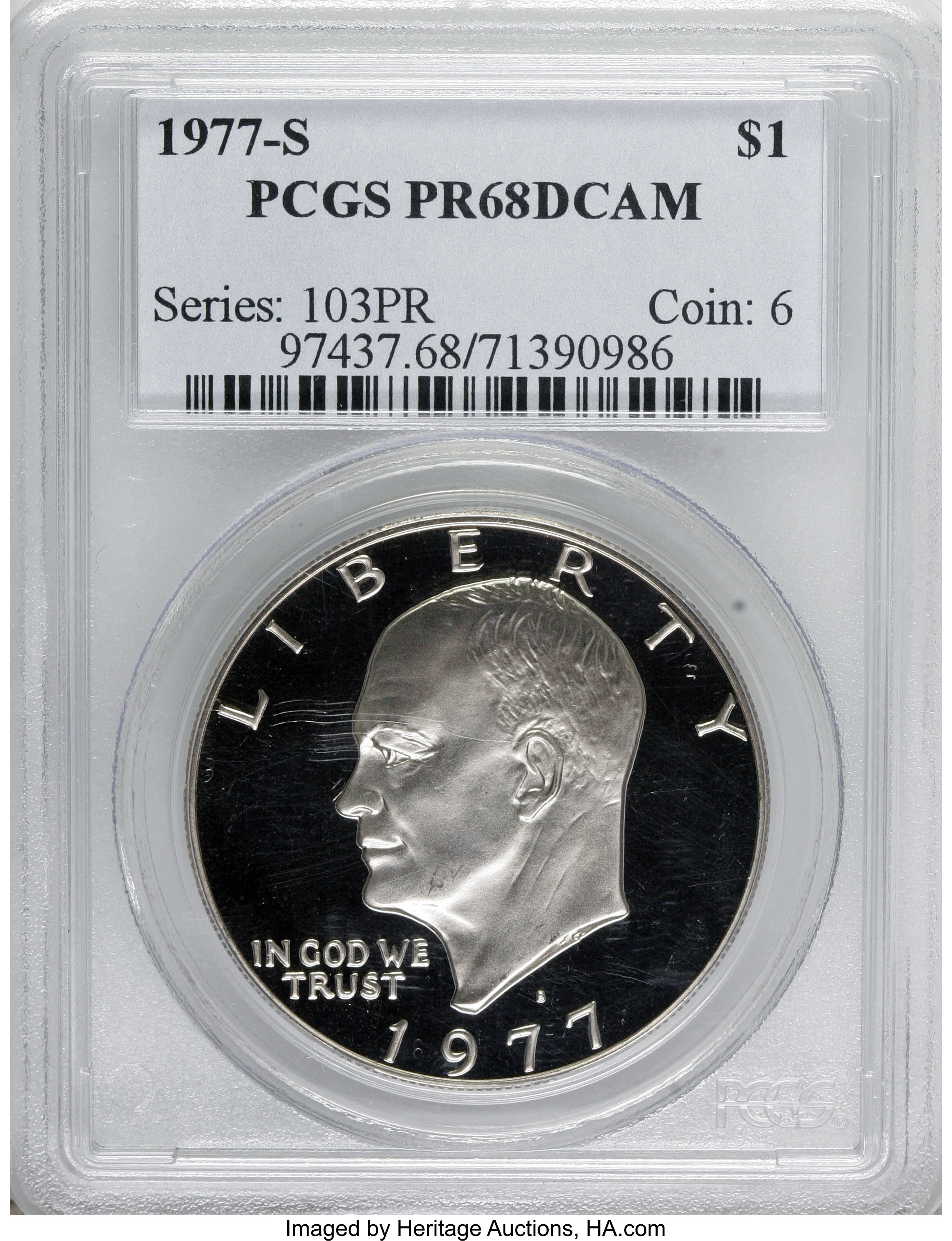 1977-S $1 PR68 Deep Cameo PCGS. PCGS Population (511/6433). NGC Census: (301/491). Numismedia Wsl. Price: $19. (#97437)...