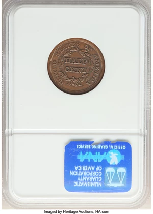image for: 1853 1/2 C C-1, B-1, R.1, MS62 Brown NGC. NGC Census: (165/555). PCGS Population: (2/12). CDN: $230 Whsle. Bid for NGC/PCGS...